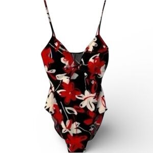 Body ID Retro 1 PC Swimsuit, Black Background -RED/WHT Floral Pattern Size 10
